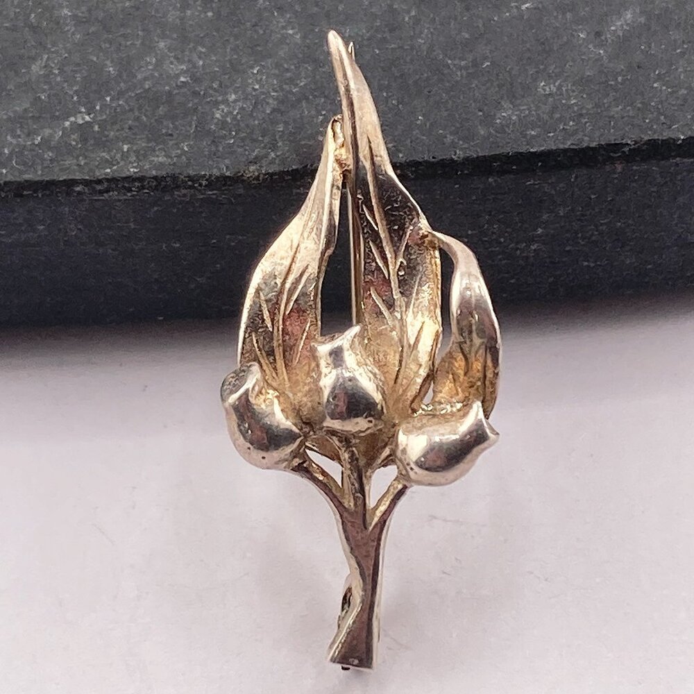 ANTIQUE Silver tone metal leaf and triple flower bud brooch Edwardian 1910s pin